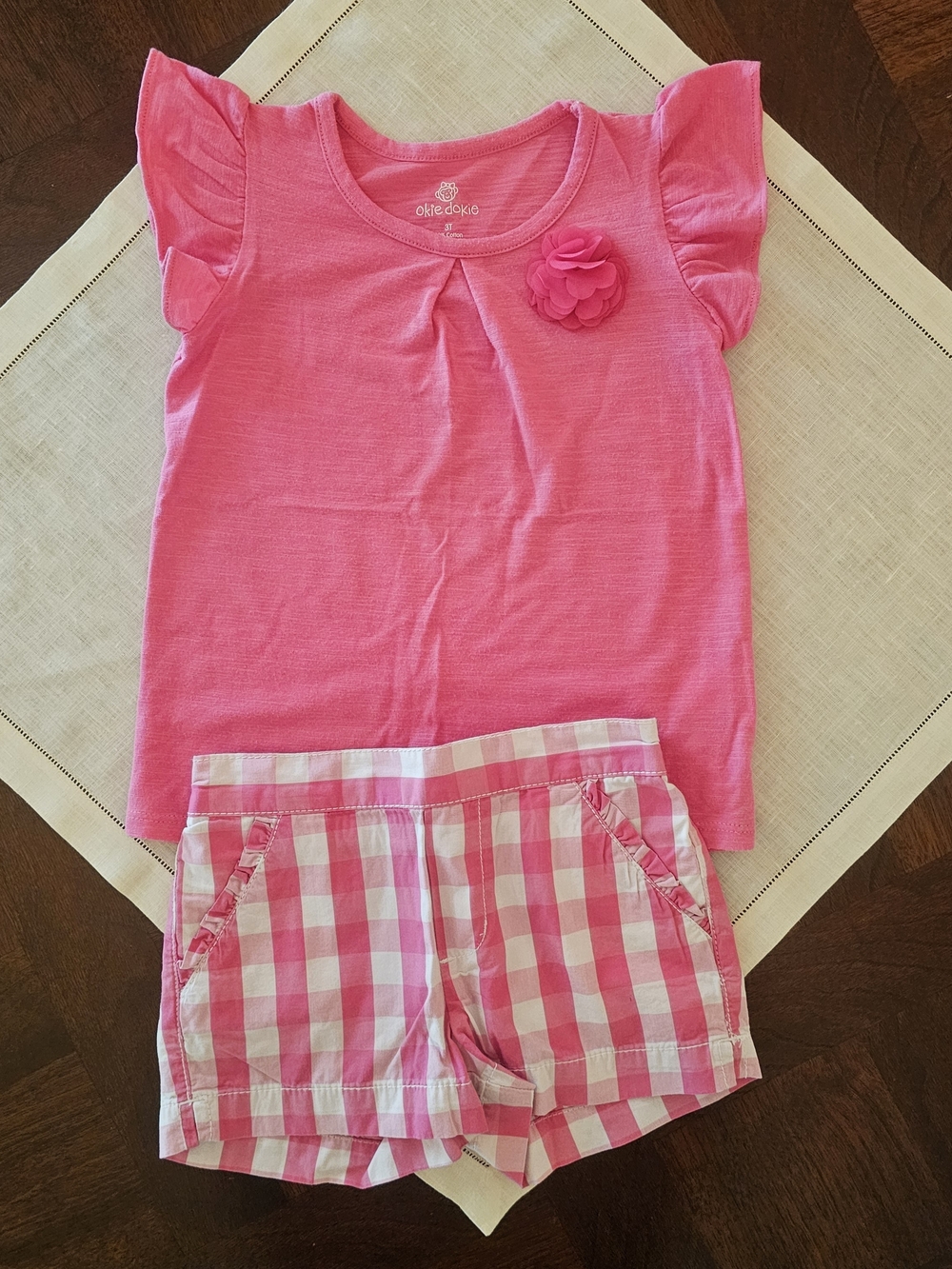 Okie Dokie Girls Pink Flutter Sleeve Top & Pink Gingham Shorts Set 3T
